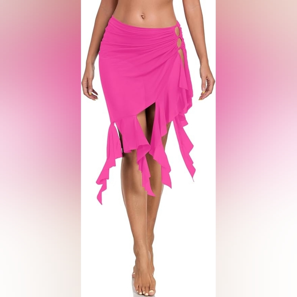 New Colloyes Women’s Mid Waist Cutout Bikini Bottoms Sheer Mesh in Hot Pink